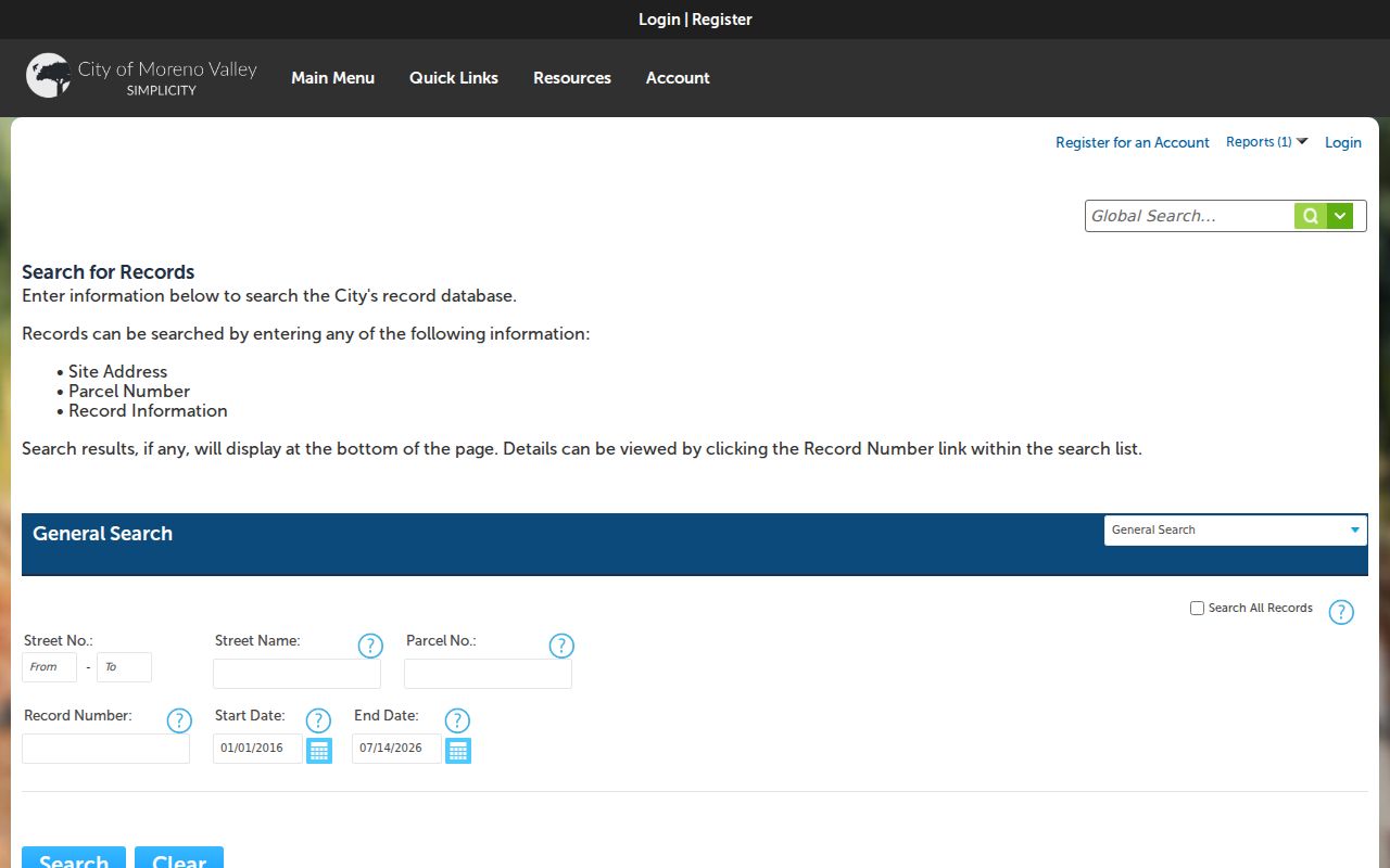 Moreno Valley public records in the Accela code search